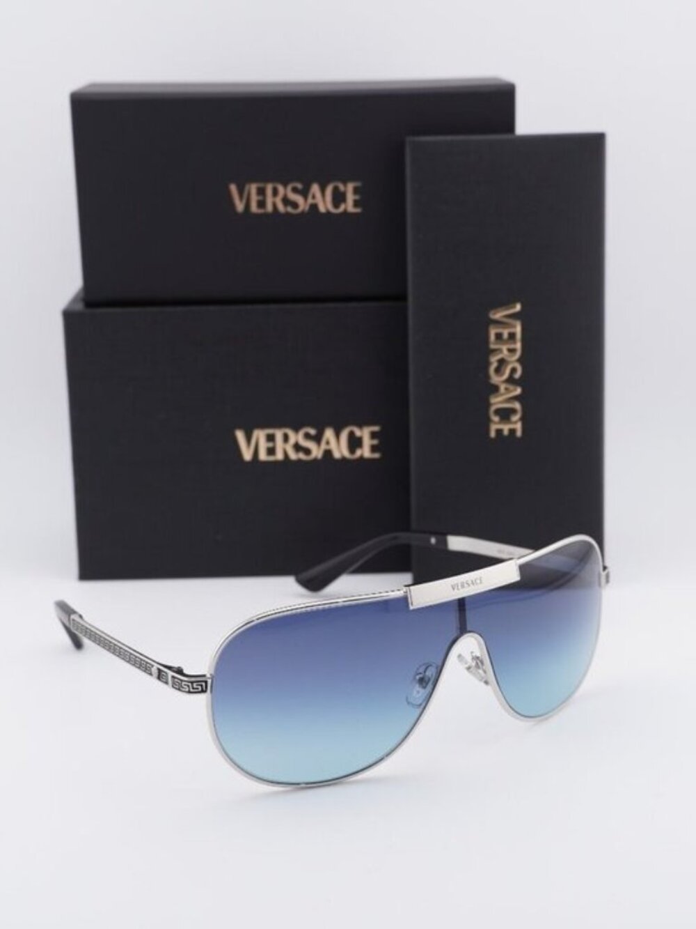 Versace VE2293 100019 Shield Sunglasses – Silver / Blue